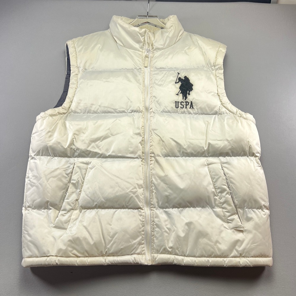 U.s. Polo Assn Puffer Vest Men XL Beige Pony Logo Embroidered Full Zip Mock Neck